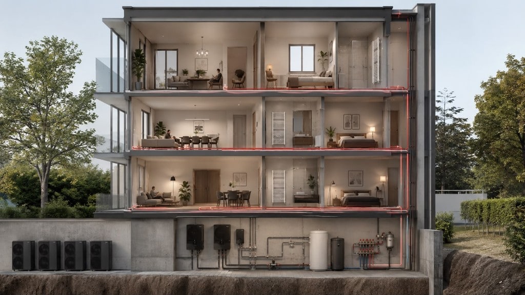 Chauffage collectif en copropriété — pompes à chaleur et réseau de distribution par Hecker & Frères Énergie (HFE) à Lille