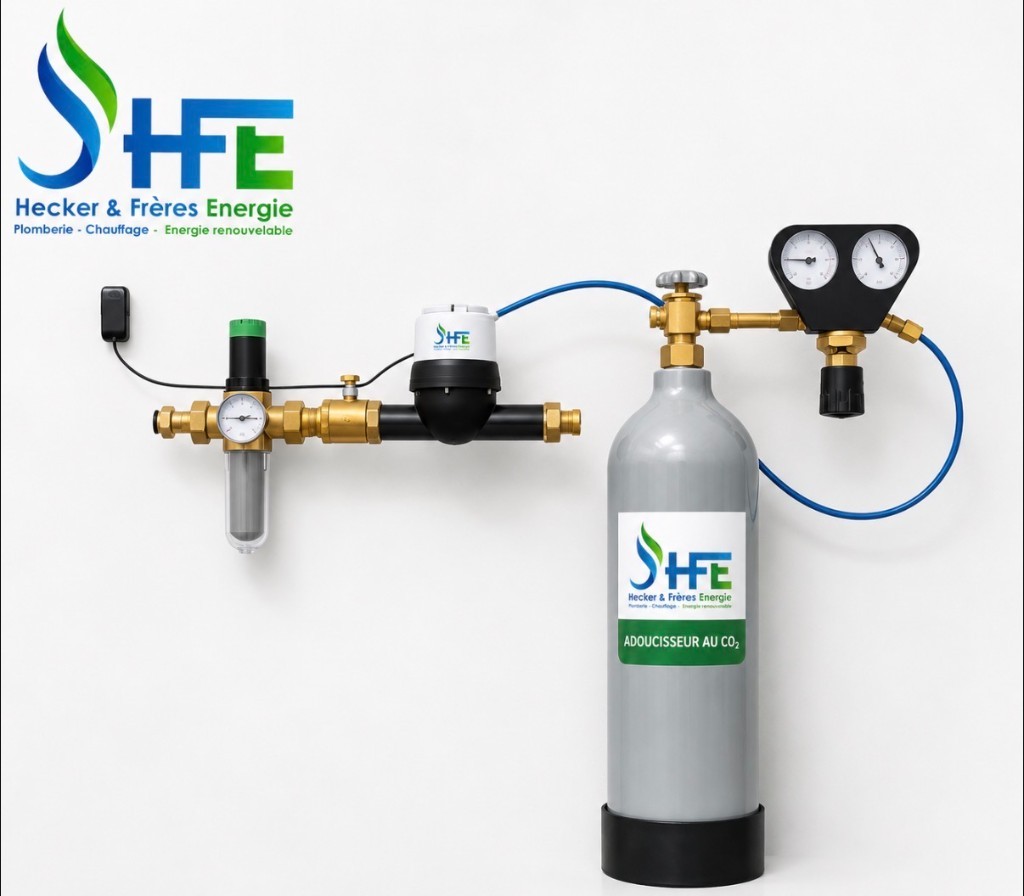 Adoucisseur au CO₂ installé par HFE Hecker & Frères Énergie — bouteille de CO₂ alimentaire et injecteur sur réseau d'eau