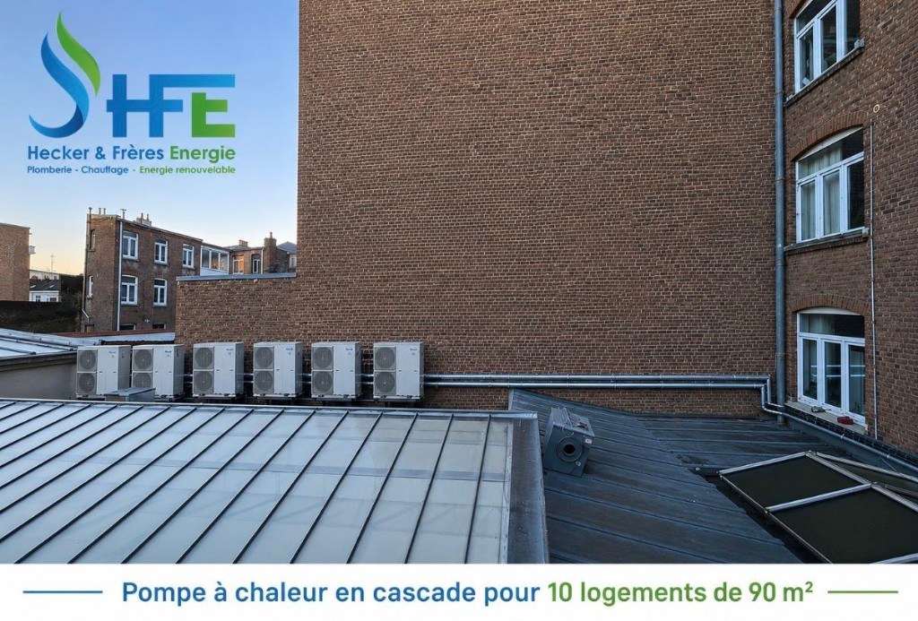 Pompe à chaleur en cascade pour une copropriété — installation de pompes à chaleur Panasonic en toiture-terrasse par Hecker & Frères Énergie (HFE) à Lille