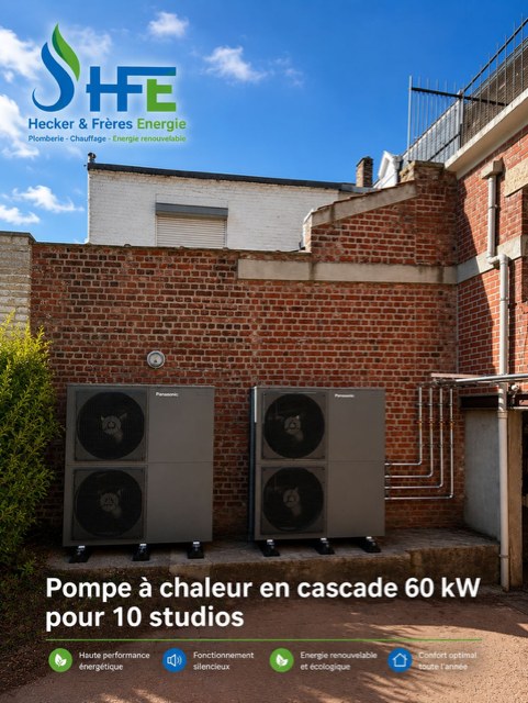 Cascade de 2 pompes à chaleur Panasonic Big Aquarea 60 kW installées en extérieur pour une copropriété